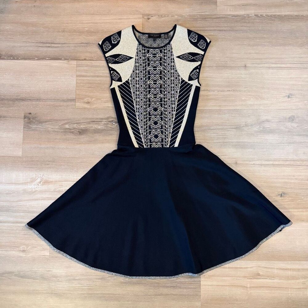 Ted Baker London Women’s Black & Gold Jenkin Jacquard Skater Dress Coquette Sz 1
